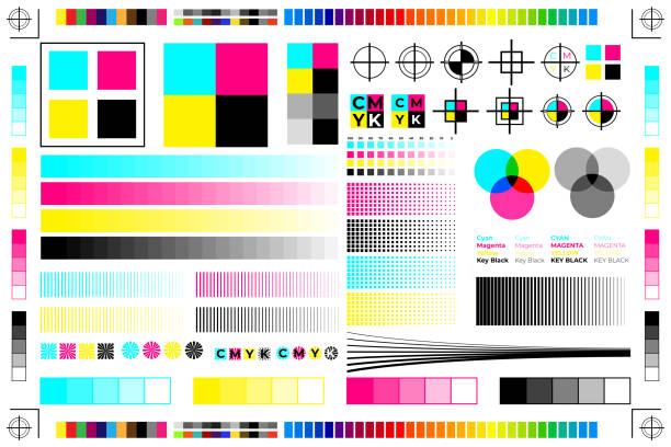 ilustrações de stock, clip art, desenhos animados e ícones de cmyk print calibration illustration with offset printing marks and color test - divided plate