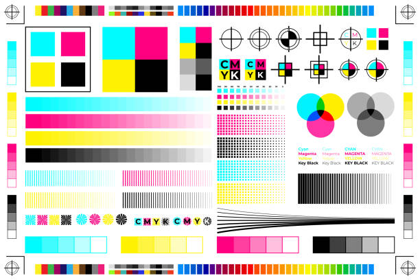 CMYK Print Calibration Illustration with Offset Printing Marks and Color Test CMYK Print Calibration Illustration with Offset Printing Marks and Color Test printing press stock illustrations