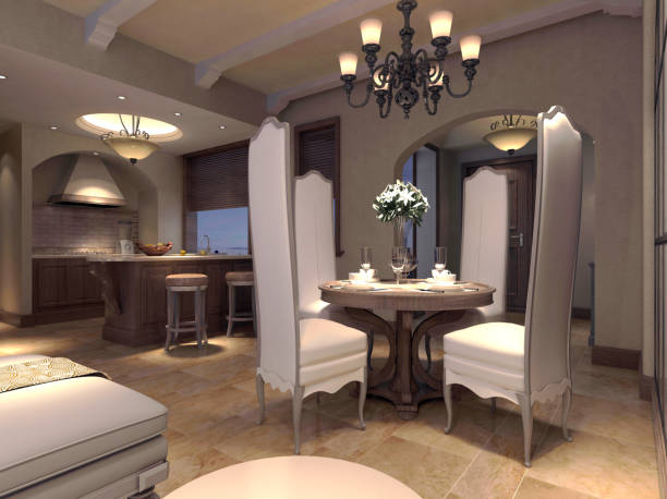 3D rendering, warm dining room area design, wooden table and chair