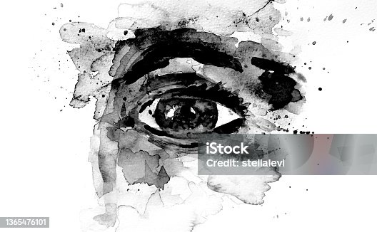 istock Eye watercolor painting. Hand drawn on watercolor paper. black and white. 1365476101