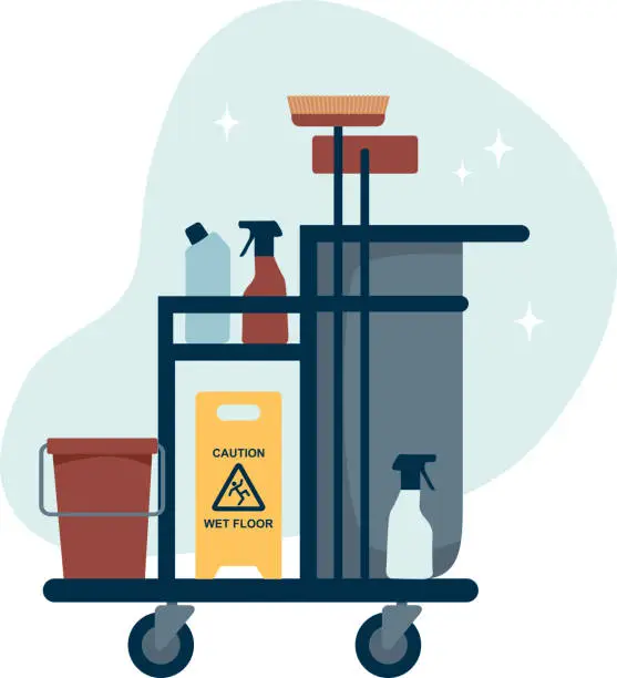 Vector illustration of Cleaning cart on white background. Professional trolley with janitorial utensils