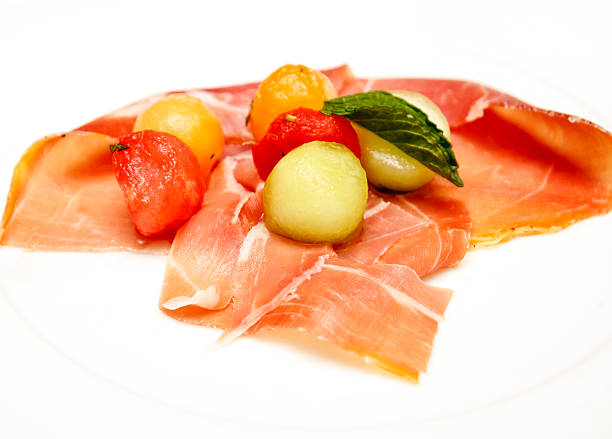 istock Prosciutto and Melon Balls on White Plate 136547790