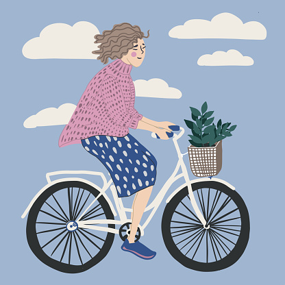 Cute vector character design on adult young woman riding bicycles. Stylish female hipsters on bicycle, side view, isolated colorful illustration