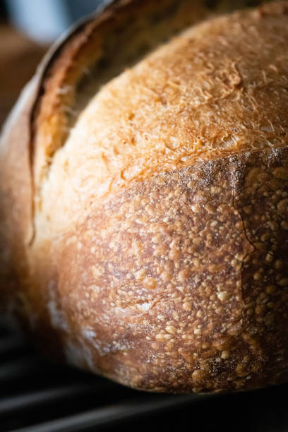 Homemade wheat whole grain sourdough bread on a dark background and a wooden table.