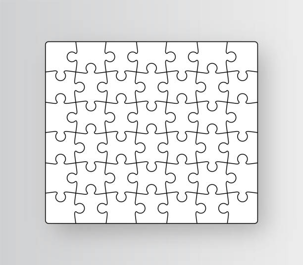 Puzzle grid. Jigsaw with 42 pieces. Vector illustration. Puzzle pieces set. Jigsaw outline grid. Scheme of thinking game. Modern background with separate shapes. Simple frame tiles. Cutting template with 7x6 details. Mosaic silhouette. Vector illustration. number 42 stock illustrations