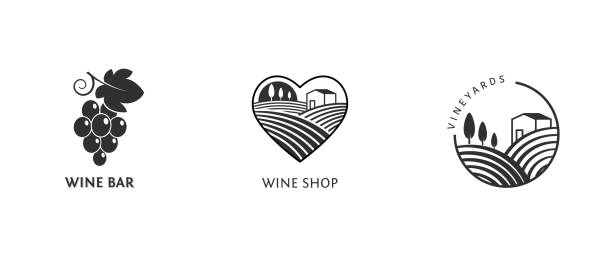 Wine, vineyard, organic natural winery logo collection. Vineyard field and grapes symbols and icons vector art illustration