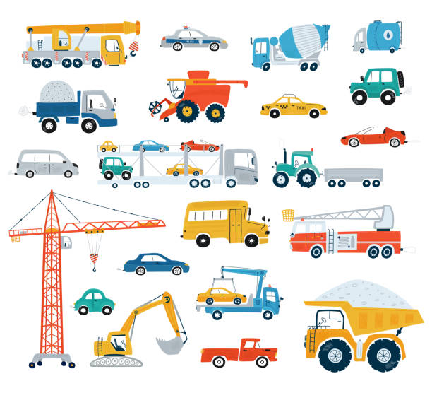 Collection of cars and construction vehicles. Cute cars for kids in flat style on white background. Icons in hand drawn style for design of children's rooms, clothing, textiles. Vector illustration Collection of cars and construction vehicles. Cute cars for kids in flat style on white background. Icons in hand drawn style for design of children's rooms, clothing, textiles. Vector illustration crane truck stock illustrations