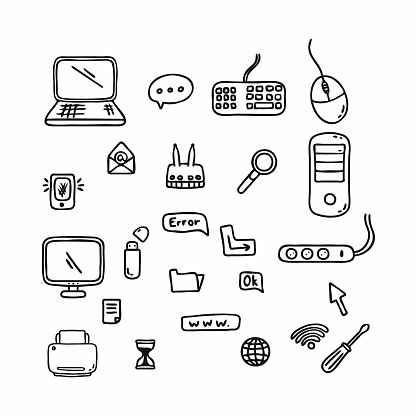 Personal computer, laptops and digital equipment. Doodle set. Electronic elements for banner design.