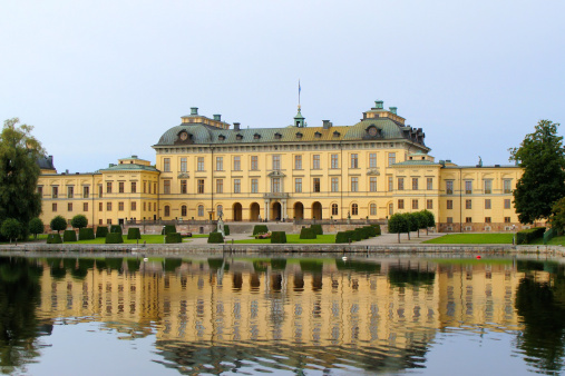 Facade of Drottningholm Palace in Stockholm, Sweden with reflection