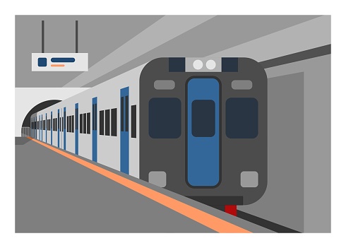 Subway train station platform. Simple flat illustration in perspective view.