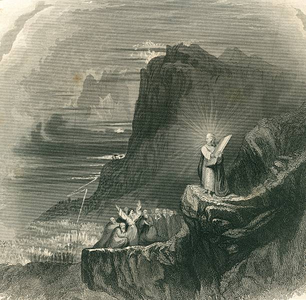 Moses and the ten commandments Moses and the Ten Commandments.Engraved by H.Martin around 1850.Now in the public domain.AdobeRGB ten commandments stock illustrations