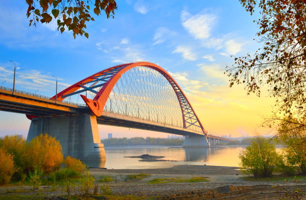 puente bugrinsky en otoño dorado - number of people riverbank beach river fotografías e imágenes de stock