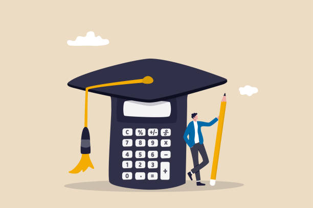 student loan calculation, education budget allocation, university expense and debt pay off or scholarship payment concept, graduated student standing with mortar board hat calculator. - budget stock illustrations