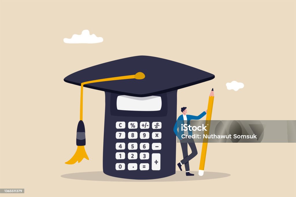 Student loan calculation, education budget allocation, university expense and debt pay off or scholarship payment concept, graduated student standing with mortar board hat calculator. Student Loan stock vector