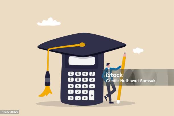 Student Loan Calculation Education Budget Allocation University Expense And Debt Pay Off Or Scholarship Payment Concept Graduated Student Standing With Mortar Board Hat Calculator Stock Illustration - Download Image Now