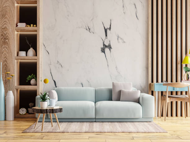 istock Modern interior of living room have blue sofa with coffee table and working table on marble wall. 1365515489