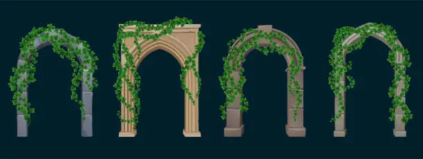 Vector illustration of Ancient arches with stone columns and ivy vines