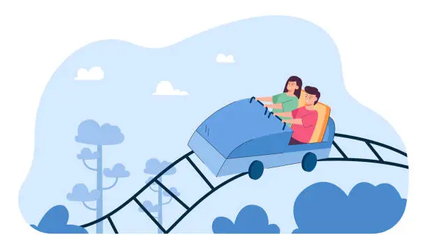 Vector illustration of Fun rollercoaster ride of happy kids in amusement park