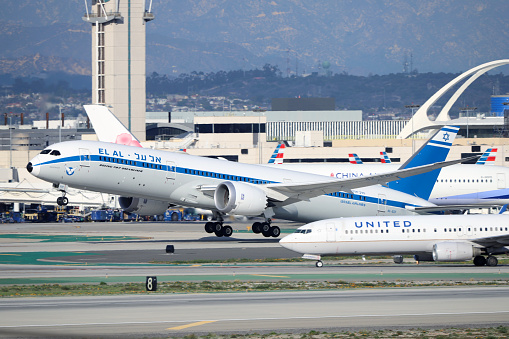 Los Angeles, CA, USA - January 16, 2022: EL AL Israel Airlines Retro Livery Boeing 787 Aircraft (4X-EDF) departure from Los Angeles International Airport (LAX).
