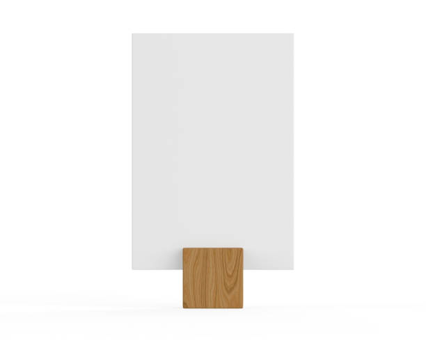 Blank wooden menu holder and buffet riser template, Table tent or table talker mockup template on isolated white background, 3d render illustration. stock photo
