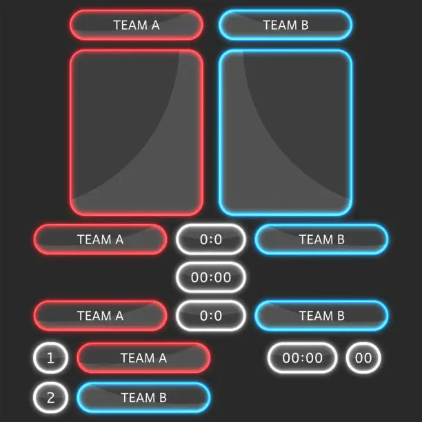 Vector illustration of Score board glass translucent panels mockup, glowing neon sports statistics for blue and red two team or players computer game.