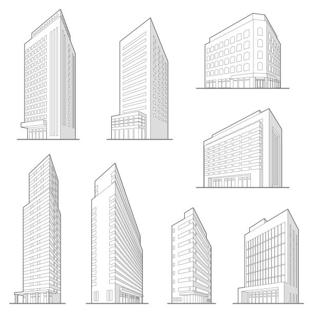 vector illustration of various buildings. line drawing. - bank of england 幅插畫檔、美工圖案、卡通及圖標