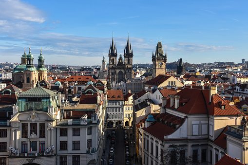 View from Charles bridge in Mala Strana quarter. Prague, Czech Republic\nSunrise time, empty streets.