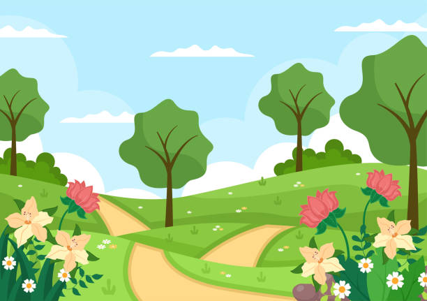 istock Spring Time Landscape Background with Flowers Season, Rainbow and Plant for Promotions, Magazines, Advertising or Websites. Nature Vector illustration 1365530104