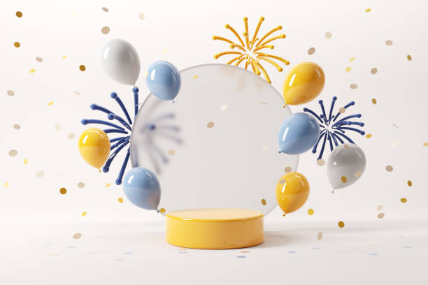 istock Podium with fireworks and falling shiny confetti and balloon on white background, Copy space. 1365530373