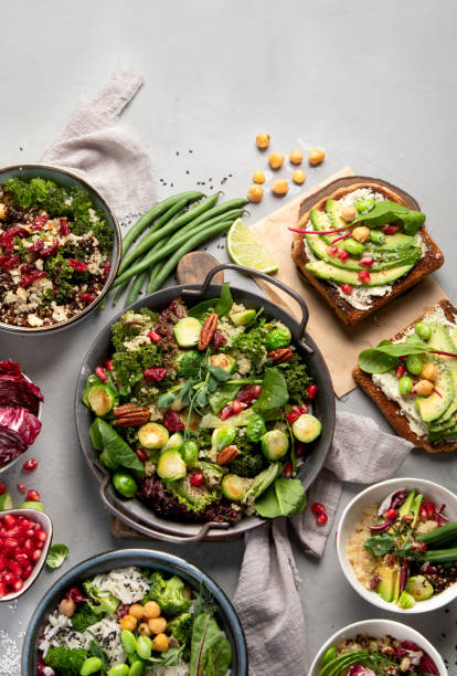 istock Vegan dishes assortment on gray background. 1365532803