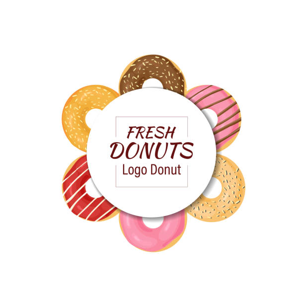 stockillustraties, clipart, cartoons en iconen met vector donuts in circle, logo design template, colorful sticker with bagels in flower shape, isolated. - bistrosetje van boven
