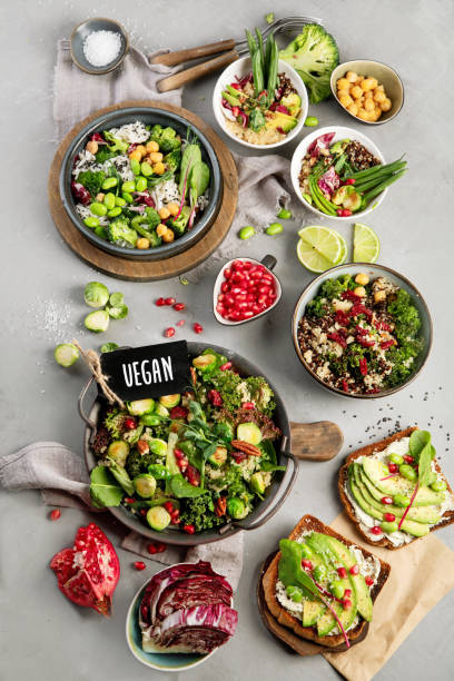 istock Vegan dishes assortment on gray background. 1365533251