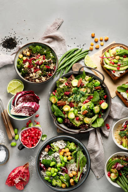 istock Vegan dishes assortment on gray background. 1365533894