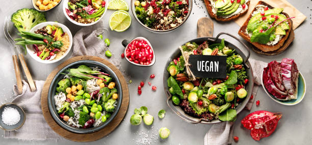 istock Vegan dishes assortment on gray background. 1365534272