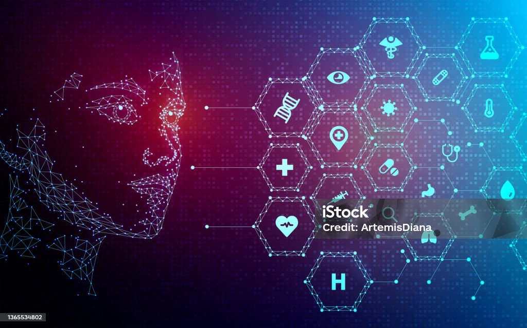 Artificial Intelligence in Healthcare - New AI Applications in Medicine Artificial Intelligence in Healthcare - New AI Applications in Medicine - Digital Entity and Medical Icons - Innovative Technologies in the Medical Fields - Conceptual Illustration Artificial Intelligence Stock Photo