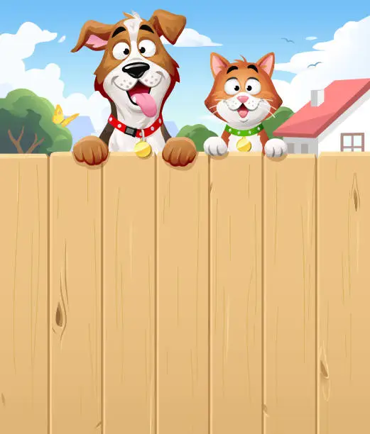 Vector illustration of Friendly Neighbours- Cat And Dog Peeking Over A Fence