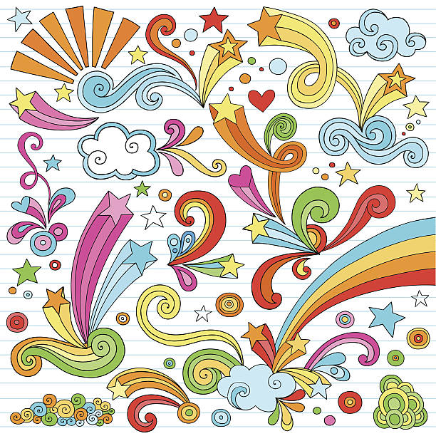 Psychedelic Notebook Doodles Vector Set Hand-drawn Retro Groovy Psychedelic Notebook Doodles with Stars and Swirls. Vector Illustration on on Lined Notebook / Sketchbook Paper Background. Illustrator AI file also included. I ♥ Doodles! rainbow swirls stock illustrations