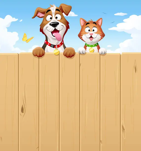 Vector illustration of Cat And Dog Peeking Over A Fence