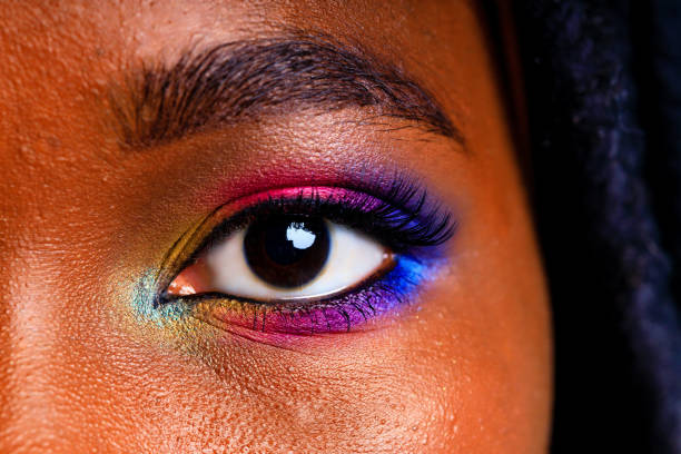 Female with rainbow make-up and long eyelashes in blue studio baclground