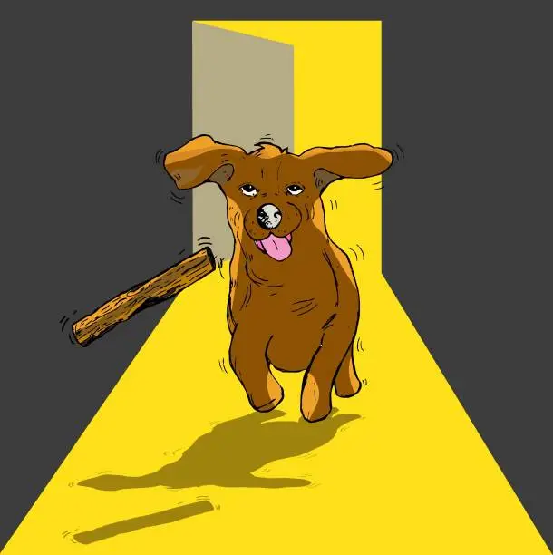 Vector illustration of Brown dog in backlight running behind a stick .  Illustration in vector