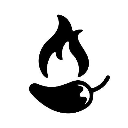 Hot pepper icon. Black silhouette of chili pepper with flame. Seasoning for cooking a variety of dishes. Vector illustration isolated on a white background for design and web.