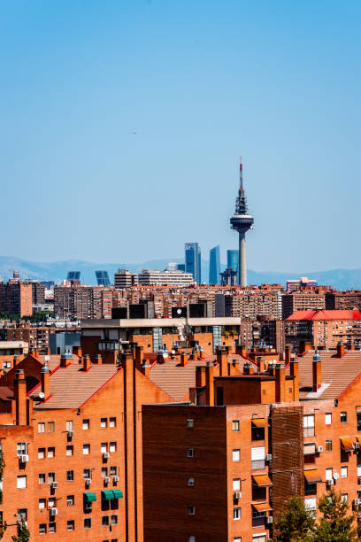 Madrid, Spain - June 12, 2021: Skyline of Madrid from Tio Pio Park. Aerial cityscape a sunny day