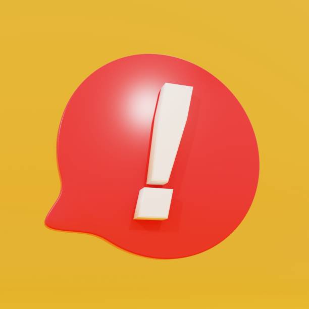 istock 3D rendering. Red speech bubble with white exclamation point. Square banner on yellow background. Warning and danger concept 1365543526