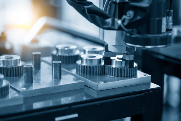 istock The hi-technology  material handling process by robotic system with metal gear parts. 1365546307