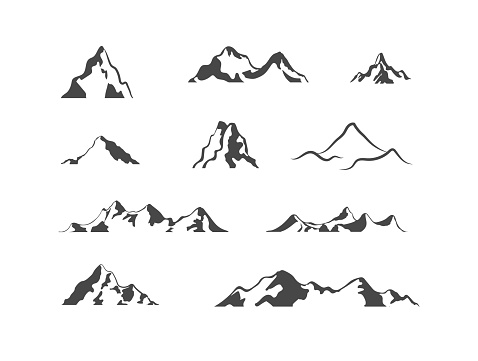 Vector mountains, icons set isolated on white background, mountains shapes, different hills, ranges and tops.