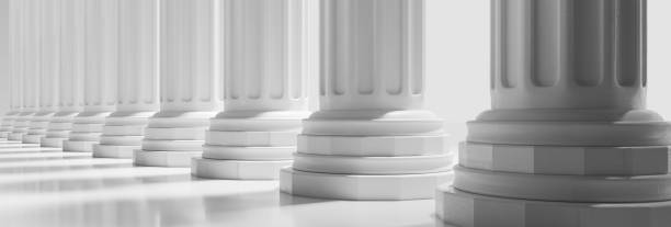 istock Pillar in a row, court building facade, white marble stone column, closeup . 3d illustration 1365548193