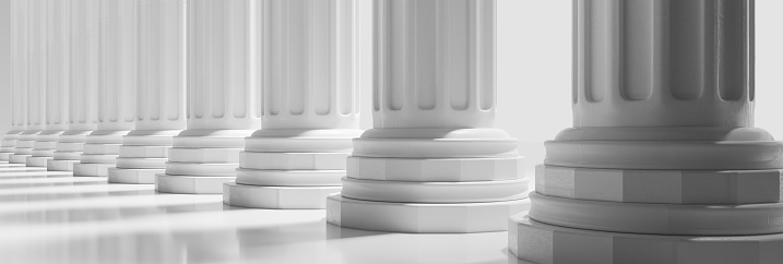 Pillar in a row, court building architectural detail, white marble stone column and floor, closeup view. 3d illustration