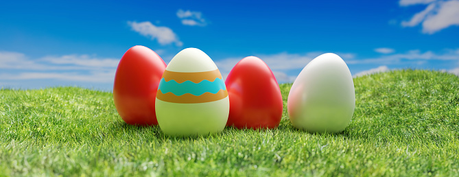 Happy Easter, Easter egg on grass field. Colorful egg on fresh green lawn, blue sky background. Banner. 3d illustration