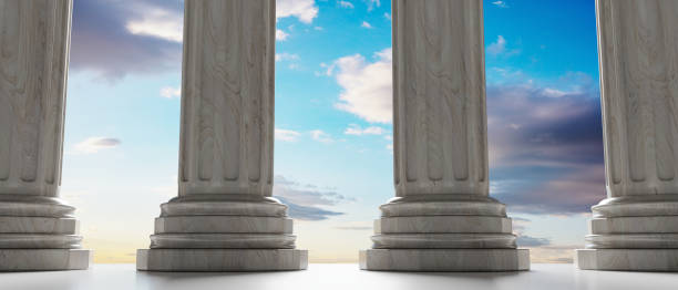 istock Pillar in a row, colonnade on sky at sunrise background. 3d illustration 1365548214