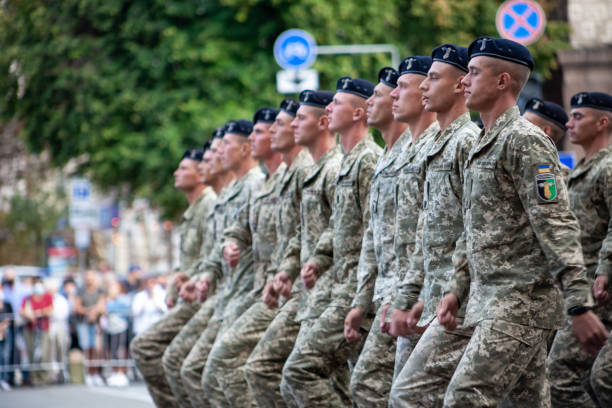 Ukraine, Kyiv - August 18, 2021: Airborne forces. Ukrainian military. There is a detachment of rescuers. Rescuers. The military system is marching in the parade. March of the crowd. Army soldiers stock photo